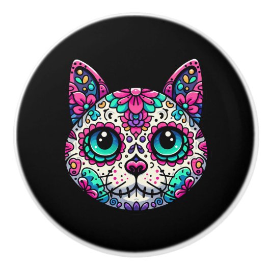 Kleurrijke Cat Sugar Skull Keramische Knop (Voorkant)