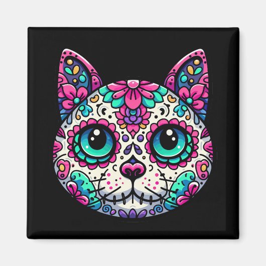 Kleurrijke Cat Sugar Skull Magneet (Voorkant)