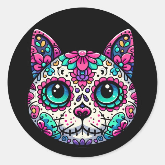 Kleurrijke Cat Sugar Skull Ronde Sticker (Voorkant)