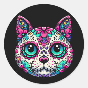 Kleurrijke Cat Sugar Skull Ronde Sticker