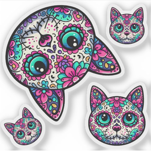 Kleurrijke Cat Sugar Skull Sticker (Voorkant)