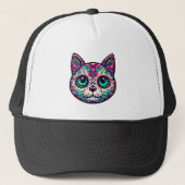 Kleurrijke Cat Sugar Skull Trucker Pet (Voorkant)