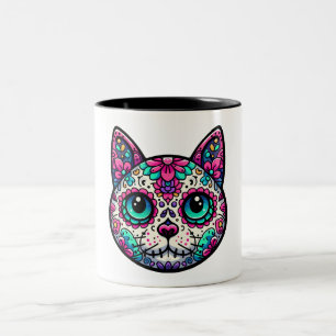 Kleurrijke Cat Sugar Skull Tweekleurige Koffiemok