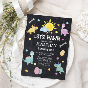 Kleurrijke Chalkboard Dinosaurus 1e Verjaardag Kaart