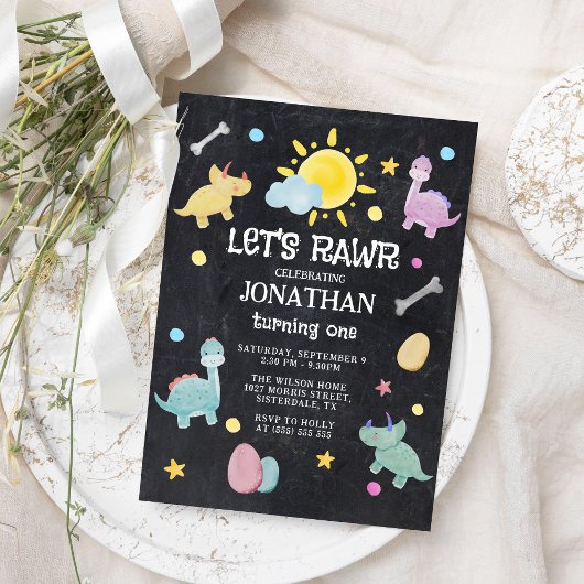 Kleurrijke Chalkboard Dinosaurus 1e Verjaardag Kaart