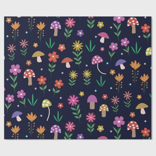Kleurrijke champignons met grillige bloemen patroo cadeaupapier (Vlak)