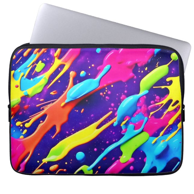 Kleurrijke Chaos in Abstracte Splatter Laptop Sleeve (Voorkant)