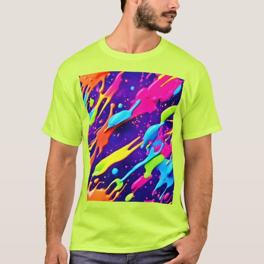 Kleurrijke Chaos in Abstracte Splatter T-shirt (Voorkant)