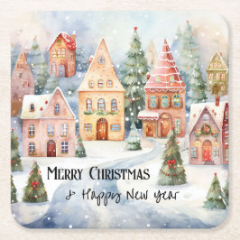 Kleurrijke Charmante Aquarel Stad Kerstmis Kartonnen Onderzetters
