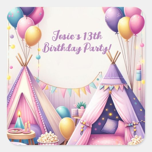 Kleurrijke Charming Teepee Verjaardag Sleepover Pa Vierkante Sticker (Voorkant)
