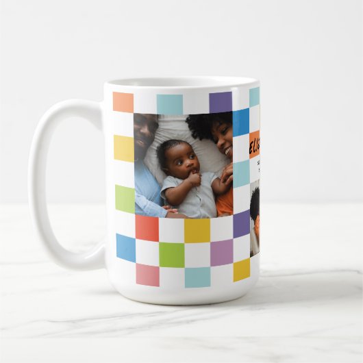 Kleurrijke Checkerboard 3 Foto Baby Geboortestatis Koffiemok (Links)