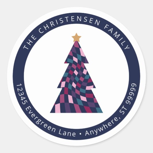 Kleurrijke Checkerboard Kerstboom Envelop Seal Ronde Sticker (Voorkant)