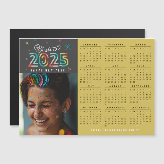 Kleurrijke Cheers 2025 Kalender Nieuwjaar Magneet (Voorkant / Achterkant)