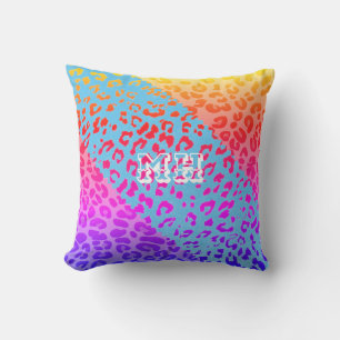 Kleurrijke Cheetah Print Rainbow Initialen Monogra Kussen