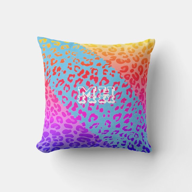 Kleurrijke Cheetah Print Rainbow Initialen Monogra Kussen (Voorkant)