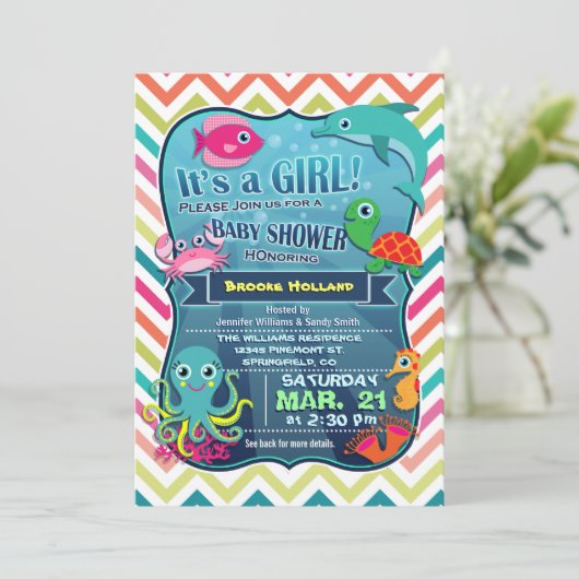 Kleurrijke Chevron Zee Life, Meisje Baby shower Kaart (Staand voorkant)