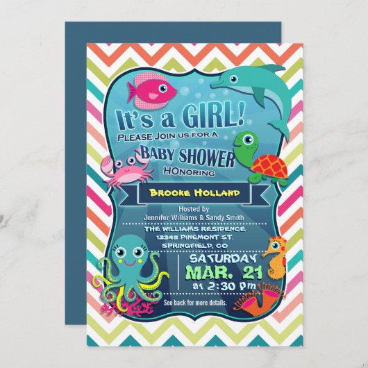 Kleurrijke Chevron Zee Life, Meisje Baby shower Kaart (Voorkant / Achterkant)