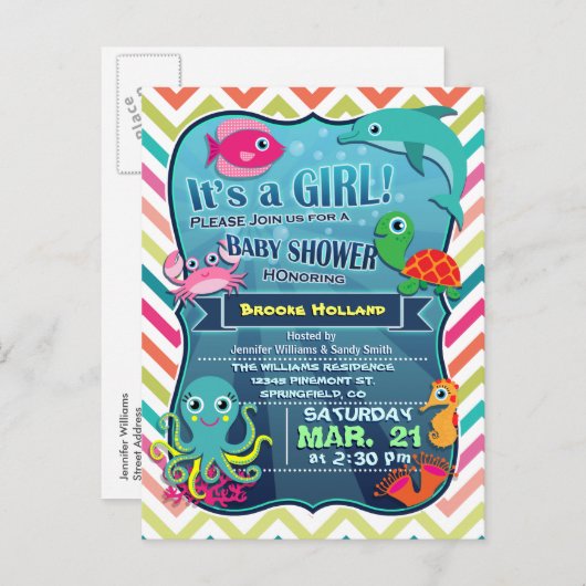 Kleurrijke Chevron Zee Life, Meisje Baby shower Uitnodiging Briefkaart (Voorkant / Achterkant)