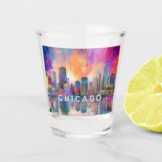 Kleurrijke Chicago Silhouet Abstracte Kunst Shot Glas (Voorkant)