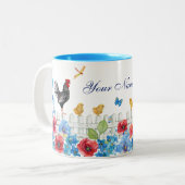 Kleurrijke chick boerderij tuin aangepaste naam tweekleurige koffiemok (Voorkant links)