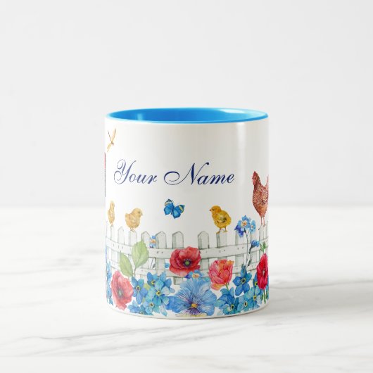 Kleurrijke chick boerderij tuin aangepaste naam tweekleurige koffiemok (Center)