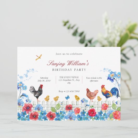 Kleurrijke chick boerderij tuin verjaardag kaart (Staand voorkant)