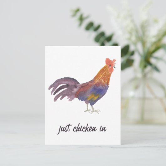 Kleurrijke Chicken Waterverf JUST CHICKEN IN Funny Briefkaart (Staand voorkant)