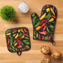 Kleurrijke chilipepers ovenwant & pannenlap set
