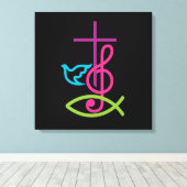 Kleurrijke Christelijk kruis met muziek notitie & Canvas Afdruk (Insitu (Houten vloer))