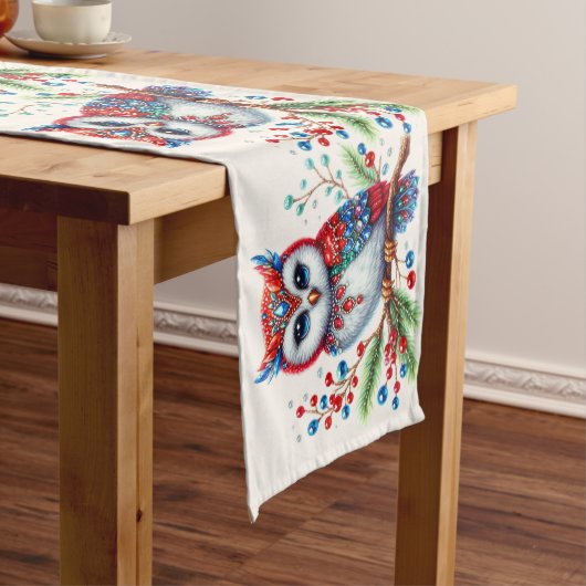 Kleurrijke Christmas Owl Holiday Table Runner Medium Tafelloper (Voorbeeld)
