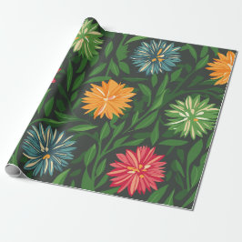 Kleurrijke Chrysanten en Groen Bladerpatroon Cadeaupapier