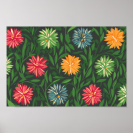 Kleurrijke Chrysanten en Groen Bladerpatroon Poster