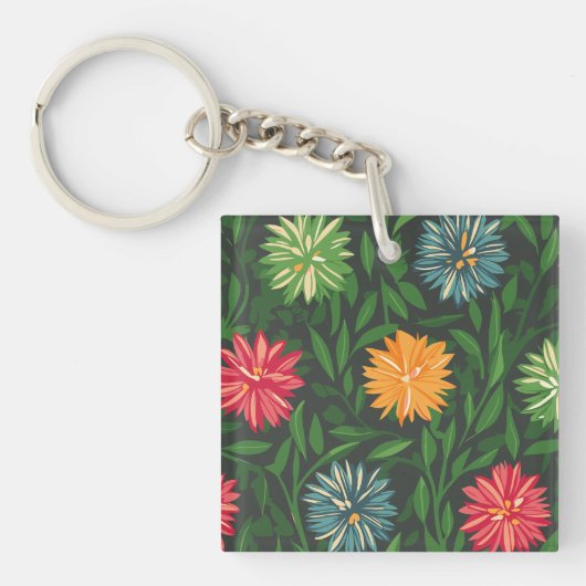 Kleurrijke Chrysanten en Groen Bladerpatroon Sleutelhanger (Voorkant)