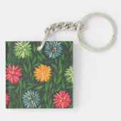 Kleurrijke Chrysanten en Groen Bladerpatroon Sleutelhanger (Achterkant)