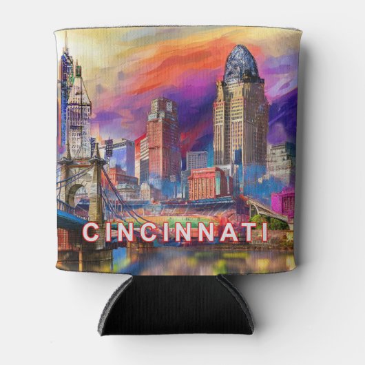Kleurrijke Cincinnati Skyline Abstracte kunst Blikjeskoeler (Voorkant)