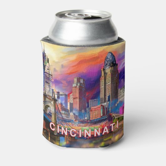 Kleurrijke Cincinnati Skyline Abstracte kunst Blikjeskoeler (Blikje Achterkant)