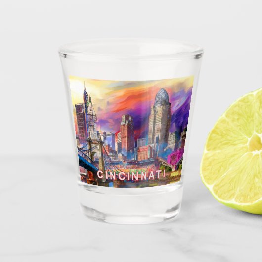 Kleurrijke Cincinnati Skyline Abstracte kunst Shot Glas (Voorkant)