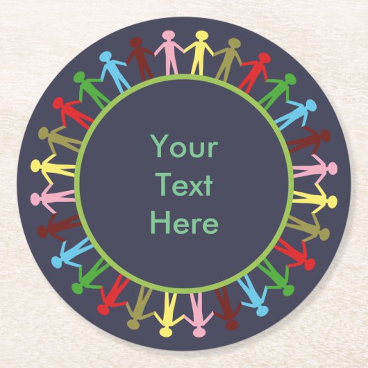 Kleurrijke cirkel van mensen - aangepaste tekst ronde kartonnen onderzetter (Voorkant)