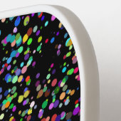 Kleurrijke cirkels bubbels op zwart uniek patroon pickleball paddle (Links Detail)