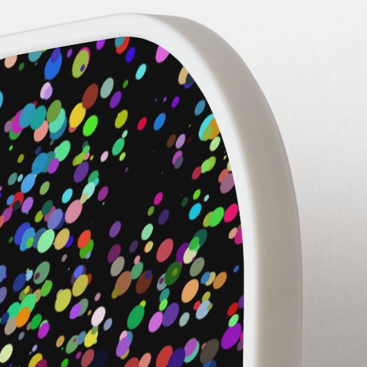 Kleurrijke cirkels bubbels op zwart uniek patroon pickleball paddle (Links Detail)