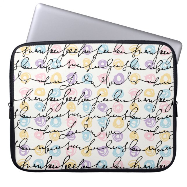 Kleurrijke cirkels en teksthandschrift laptop sleeve (Voorkant)