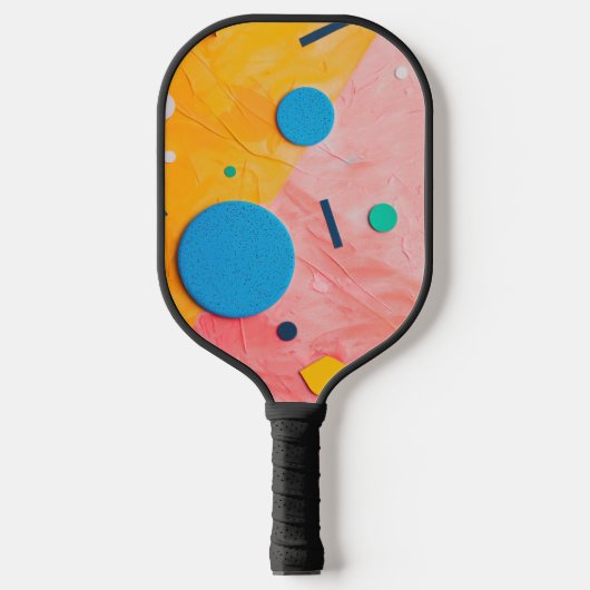 Kleurrijke cirkels op roze en geel pickleball paddle (Voorkant)