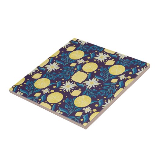 Kleurrijke Citroen Paarse Botanische Patroon Tegeltje (Zijkant)