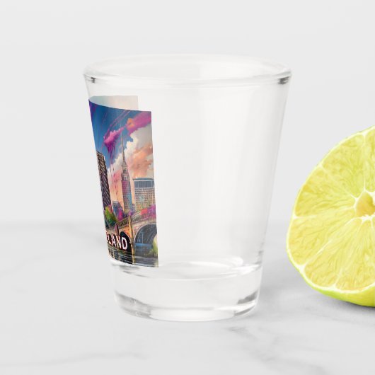 Kleurrijke Cleveland Silhouette Abstracte Kunst Shot Glas (Rechts)