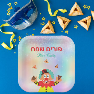 Kleurrijke Clown Hamantash Happy Purim Papieren Bordje