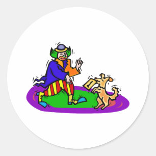 Kleurrijke clown met hond ronde sticker