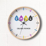 Kleurrijke CMYK Ink Drops Klok<br><div class="desc">Een kleurrijke wandklok om je bureau op het werk of thuis op te fleuren. Het kan ook een leuk cadeau zijn voor een grafisch ontwerper. Het wordt geleverd met CMYK Ink Drops en "Colors Powers" als aanpasbare tekst en kan worden gebruikt voor de Nationale Kleurdag op 22 oktober.</div>