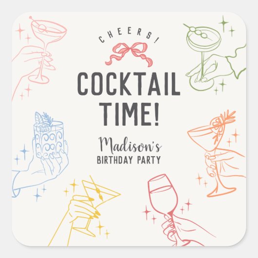 Kleurrijke Cocktail Party Retro Verjaardag Envelop Vierkante Sticker (Voorkant)