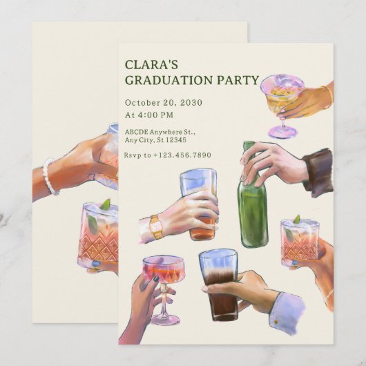 Kleurrijke  cocktail proost Graduation Party Kaart (Voorkant / Achterkant)