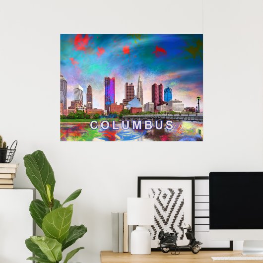 Kleurrijke Columbus Ohio Silhouet Abstracte Kunst Poster (Thuiskantoor)